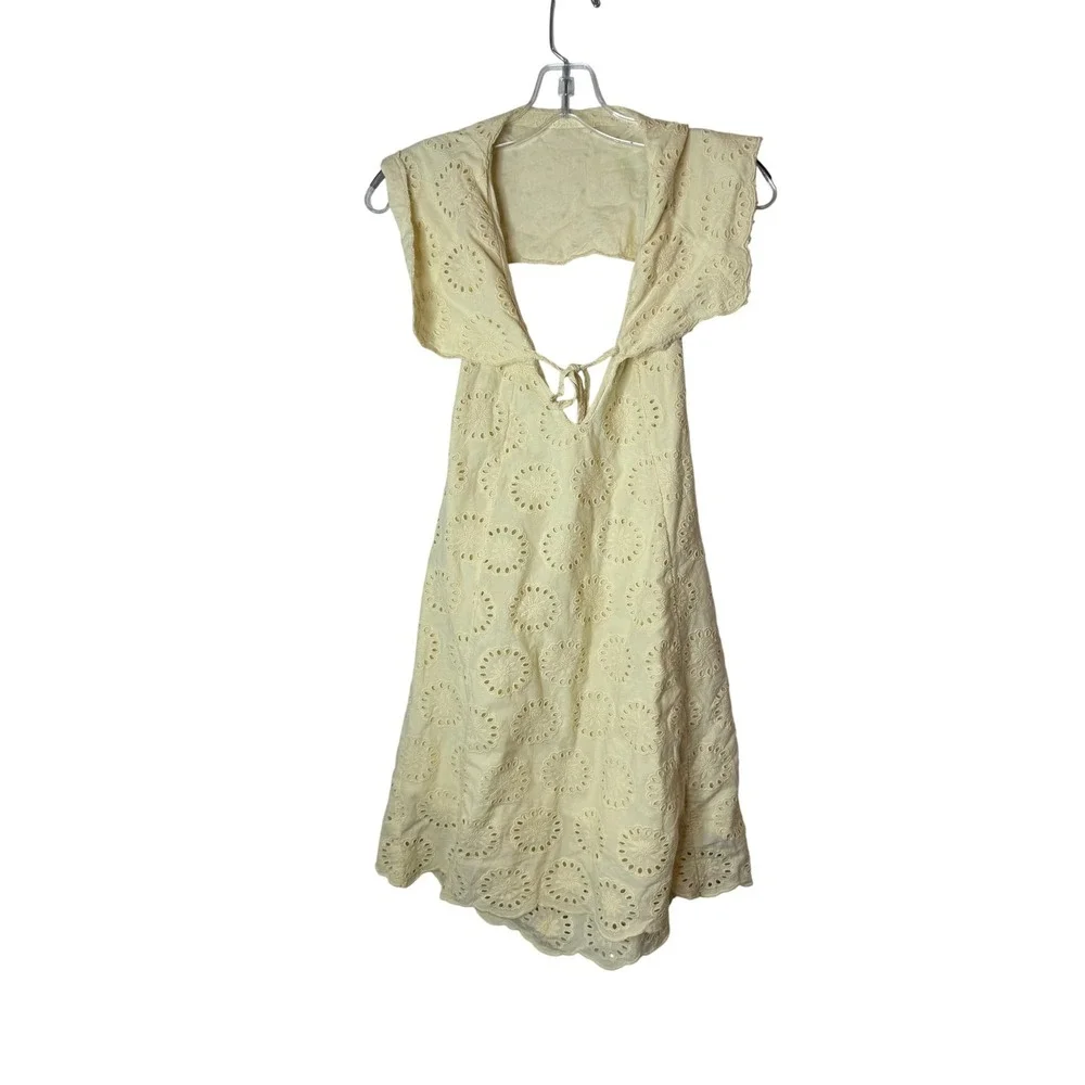 Free People Dress Womens Small Yellow Eyelet Embroidered V Neck Backless Mini